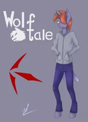 Size: 3751x5224 | Tagged: safe, artist:wolfy-pony, derpibooru import, oc, oc:harmonic wolfsbane, unofficial characters only, anthro, hybrid, unguligrade anthro, unicorn, wolf, absurd resolution, anthro oc, clothes, hair over one eye, looking at you, male, pants, simple background, solo, stallion, standing, sweater, text