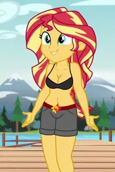 Size: 480x720 | Tagged: suggestive, derpibooru import, edit, edited screencap, editor:ah96, screencap, sunset shimmer, equestria girls, legend of everfree, belly button, black underwear, bra, breast edit, breasts, cleavage, clothes, female, solo, underwear, underwear edit