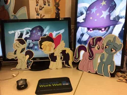 Size: 960x720 | Tagged: safe, artist:ramivic, derpibooru import, coloratura, songbird serenade, starlight glimmer, trixie, pony, rabbit, unicorn, my little pony: the movie, computer, computer mouse, desk, desktop ponies, diecut, female, foamcore, imperator furiosa, irl, judy hopps, mare, mousepad, photo, pixel art, sprite