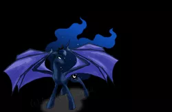Size: 3928x2562 | Tagged: safe, artist:legally-psychotic, derpibooru import, princess luna, alicorn, bat pony, bat pony alicorn, pony, bat wings, black background, curved horn, high res, lunabat, race swap, simple background, solo, spread wings