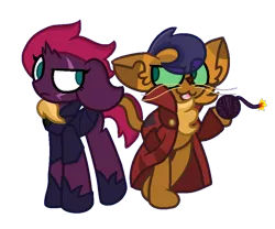 Size: 878x730 | Tagged: safe, artist:thefanficfanpony, derpibooru import, capper dapperpaws, fizzlepop berrytwist, tempest shadow, cat, pony, my little pony: the movie, armor, bomb, broken horn, chest fluff, clothes, coat, cute, eye scar, fangs, female, frown, mare, scar, scar on the wrong side, shoes, simple background, standing, tongue out, transparent background, weapon, yarn, yarn ball
