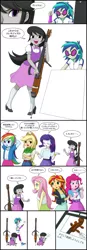 Size: 713x2048 | Tagged: safe, artist:uotapo, derpibooru import, applejack, fluttershy, octavia melody, pinkie pie, rainbow dash, rarity, sunset shimmer, vinyl scratch, equestria girls, bracelet, broken, cello, clothes, comic, cowboy hat, denim skirt, electric cello, hat, headphones, high heels, iphone, jacket, japanese, jazz, jewelry, leather jacket, leggings, musical instrument, mute vinyl, shoes, simple background, skirt, sneakers, socks, speech bubble, stetson, sunglasses, white background