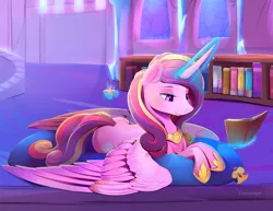 Size: 2200x1700 | Tagged: safe, artist:viwrastupr, derpibooru import, princess cadance, alicorn, pony, book, castle, cup, female, glowing horn, jewelry, lidded eyes, magic, mare, pillow, prone, reading, regalia, smiling, solo