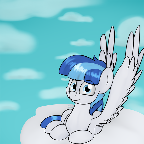 Size: 1000x1000 | Tagged: safe, artist:chibadeer, derpibooru import, oc, oc:rainy, unofficial characters only, pegasus, pony, cloud, looking at you, lying, male, on a cloud, smiling, solo, spread wings, stallion, wings