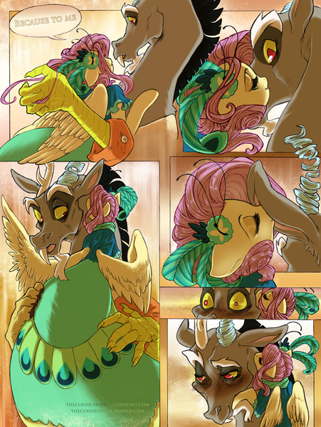 Size: 850x1130 | Tagged: safe, artist:thecuriousfool, derpibooru import, discord, fluttershy, comic:the night has just begun, make new friends but keep discord, blushing, clothes, comic, discoshy, dress, female, gala dress, male, shipping, straight