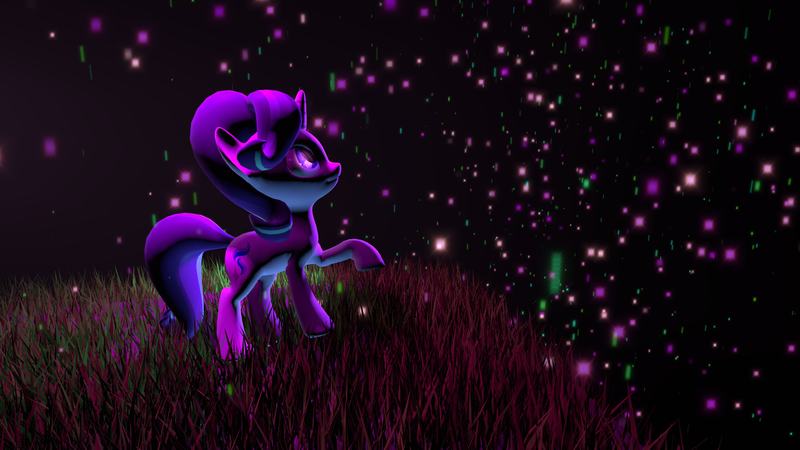 Size: 1920x1080 | Tagged: safe, artist:leomlp, derpibooru import, starlight glimmer, 3d, dark, grass, poster, raised hoof, solo, source filmmaker