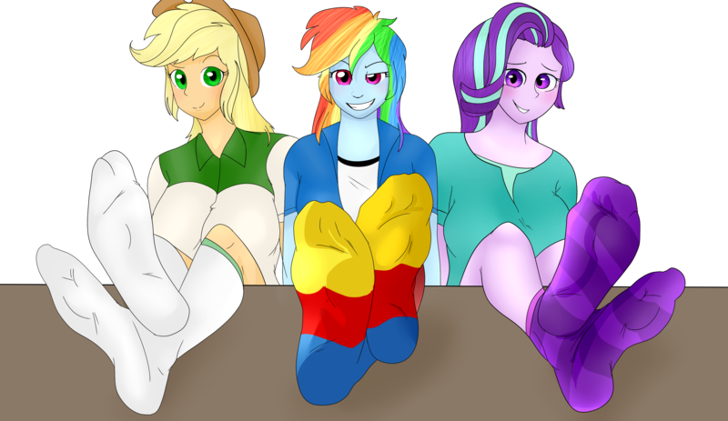 Size: 3456x2000 | Tagged: questionable, artist:the-nood1e, derpibooru import, applejack, rainbow dash, starlight glimmer, equestria girls, clothes, cowboy hat, crossed legs, cute, equestria girls-ified, feet, foot fetish, foot focus, hat, legs, looking at you, socks, stetson, striped socks