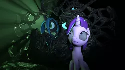 Size: 1920x1080 | Tagged: safe, artist:leomlp, derpibooru import, queen chrysalis, starlight glimmer, changeling, pony, unicorn, to where and back again, 3d, hiding, poster, remake, scene interpretation, search, source filmmaker, throne