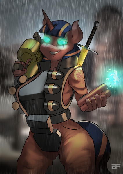 Size: 1024x1448 | Tagged: safe, artist:greenfireartist, derpibooru import, oc, unofficial characters only, anthro, unicorn, anthro oc, australium, australium eyelander, australium stickybomb launcher, breasts, clothes, cosplay, costume, demoman, dynamite, ear piercing, explosives, eyelander, female, glowing eyes, grenade, grenade launcher, looking at you, mare, piercing, stickybomb launcher, sword, team fortress 2, weapon