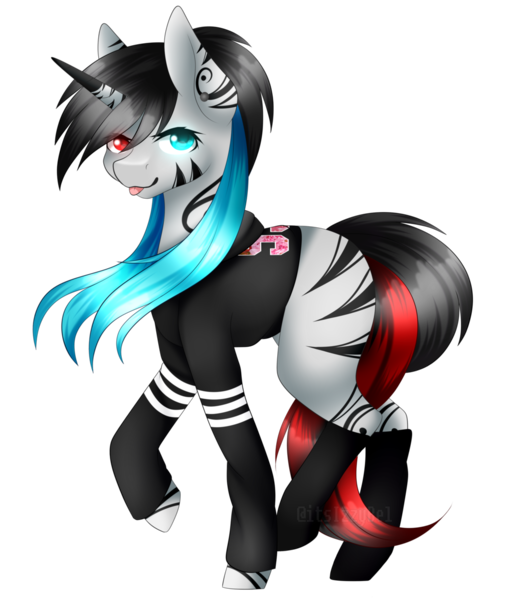 Size: 1024x1180 | Tagged: safe, artist:itsizzybel, derpibooru import, oc, unofficial characters only, pony, unicorn, clothes, female, heterochromia, mare, raised hoof, shirt, simple background, socks, solo, tongue out, transparent background
