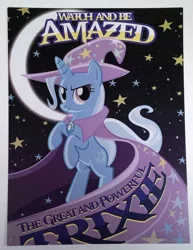Size: 736x955 | Tagged: artist needed, source needed, safe, derpibooru import, trixie, pony, unicorn, bipedal, cape, clothes, confident, female, happy, hat, mare, poster, san diego comic con, sdcc 2014, smiling, solo, trixie's cape, trixie's hat