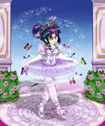 Size: 2500x3000 | Tagged: safe, artist:avchonline, derpibooru import, sci-twi, twilight sparkle, bird, butterfly, human, equestria girls, ballerina, ballet, ballet slippers, blushing, canterlot royal ballet academy, clothes, cute, dress, engrish in the description, evening gloves, flower, glasses, gloves, hello kitty, humanized, jewelry, long gloves, magic, pantyhose, rose, sanrio, solo, sparkles, tiara, tutu, twiabetes