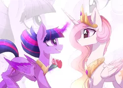 Size: 2480x1780 | Tagged: safe, artist:magnaluna, derpibooru import, princess celestia, twilight sparkle, twilight sparkle (alicorn), alicorn, pony, crown, cute, eye contact, female, flower, glowing horn, jewelry, lesbian, looking at each other, magic, mare, pink-mane celestia, regalia, shipping, simple background, twilestia, white background, zoom layer