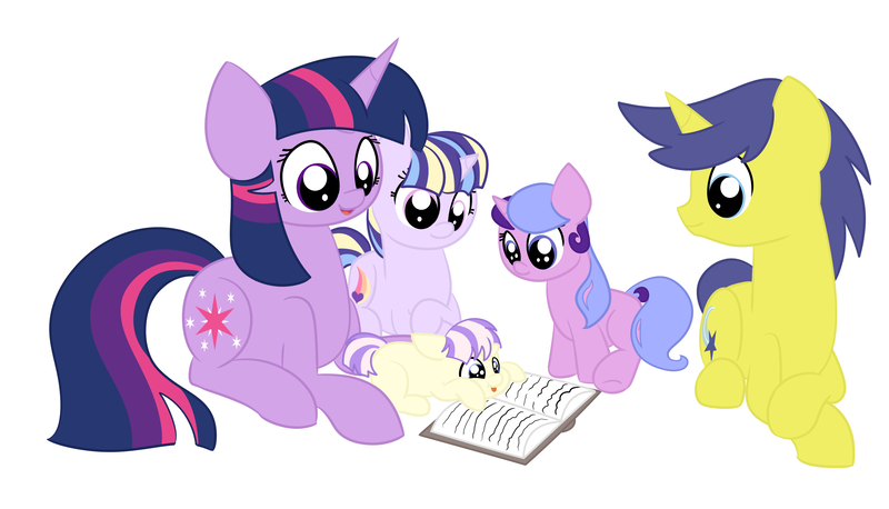 Size: 3063x1753 | Tagged: safe, artist:queenderpyturtle, derpibooru import, comet tail, twilight sparkle, oc, oc:nova, oc:starla dawn, oc:twilight harmony, pony, unicorn, alternate universe, colt, cometlight, family, female, filly, male, offspring, parent:comet tail, parent:twilight sparkle, parents:cometlight, shipping, simple background, straight, white background