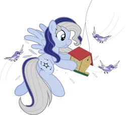Size: 4478x4107 | Tagged: safe, artist:sollace, derpibooru import, silver glow, bird, pegasus, pony, absurd resolution, bird feeder, chickadee (bird), eating, feather, female, flying, g3, g3 to g4, generation leap, mare, scrunchy face, simple background, solo, stealing, transparent background, vector