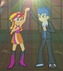 Size: 1245x1394 | Tagged: safe, artist:majkashinoda626, derpibooru import, flash sentry, sunset shimmer, equestria girls, boots, boutonnière, canterlot high, castle, clothes, confetti, dancing, disco, dress shirt, fall formal outfits, female, flashimmer, flower, formal, formal attire, formal dress, formal wear, gym, gymnasium, halloween, halloween party, high heel boots, holiday, male, nightmare night, pants, shipping, shoes, short dress, skirt, slacks, sleeveless dress, straight, streamers, suit, trousers, tuxedo, vest, waistcoat, window