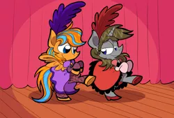 Size: 1748x1181 | Tagged: safe, artist:joeywaggoner, derpibooru import, oc, oc:cold front, oc:disty, unofficial characters only, pegasus, pony, unicorn, burlesque, clothes, crossdressing, dancing, feather, gay, gloves, high heels, looking at each other, male, saloon dress, shipping, skirt, skirt lift, smiling, stockings, thigh highs, trap