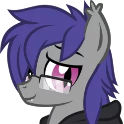 Size: 512x512 | Tagged: safe, artist:the smiling pony, derpibooru import, oc, oc:dusk rhine, unofficial characters only, bat pony, pony, .svg available, bust, clothes, derpibooru badge, glasses, hoodie, portrait, simple background, smiling, solo, svg, transparent background, vector