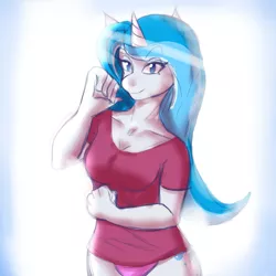 Size: 1700x1700 | Tagged: suggestive, artist:marshbreeze, derpibooru import, oc, oc:bubble lee, unofficial characters only, anthro, unicorn, anthro oc, clothes, cute, female, gift art, looking at you, mare, panties, pink underwear, shirt, smiling, solo, solo female, underwear