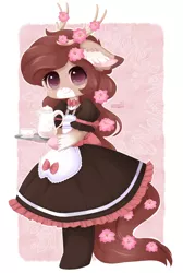 Size: 600x892 | Tagged: anthro, artist:exceru-karina, clothes, coffee, deer, derpibooru import, dress, flower, maid, oc, oc:charity, safe, solo, unofficial characters only