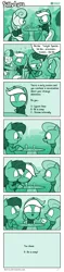 Size: 641x2715 | Tagged: safe, artist:dori-to, derpibooru import, bon bon, lyra heartstrings, sweetie drops, pony, unicorn, comic:silly lyra, clothes, comic, dialogue, female, floppy ears, green background, greenscale, hoodie, humie, mare, monochrome, shrunken pupils, silly lyra, simple background, table