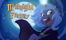 Size: 1280x776 | Tagged: safe, artist:anima-dos, artist:duo cartoonist, artist:lionheartcartoon, derpibooru import, princess luna, alicorn, pony, cloak, clothes, cloud, cute, filly, floppy ears, looking at you, lunabetes, moon, night, open mouth, raised hoof, s1 luna, sky, smiling, solo, woona, younger, youtube link