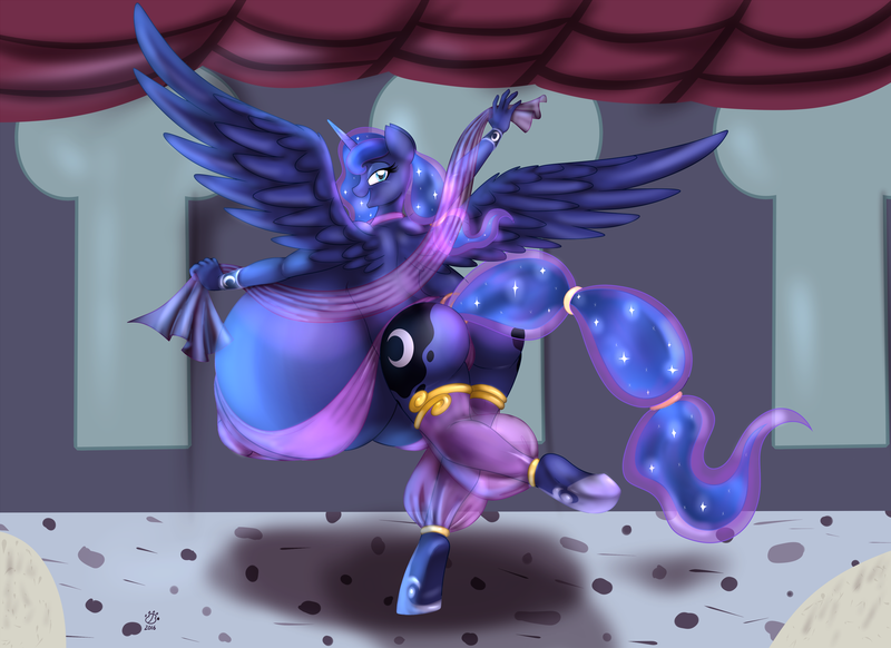 Size: 2750x2000 | Tagged: anthro, artist:badgerben, artist:blues64, big breasts, breasts, busty princess luna, colored, color edit, dancing, derpibooru import, edit, female, huge breasts, hyper breasts, impossibly large breasts, impossibly large nipples, moonbutt, nipples, open mouth, princess luna, questionable, saddle arabian, saddle arabian outfit, solo, solo female, spread wings, story in the source, unguligrade anthro