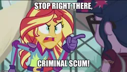 Size: 800x450 | Tagged: safe, derpibooru import, edit, edited screencap, screencap, sci-twi, sunset shimmer, twilight sparkle, equestria girls, angry, exploitable meme, image macro, meme, oblivion, stop right there criminal scum, sunset yells at twilight, the elder scrolls