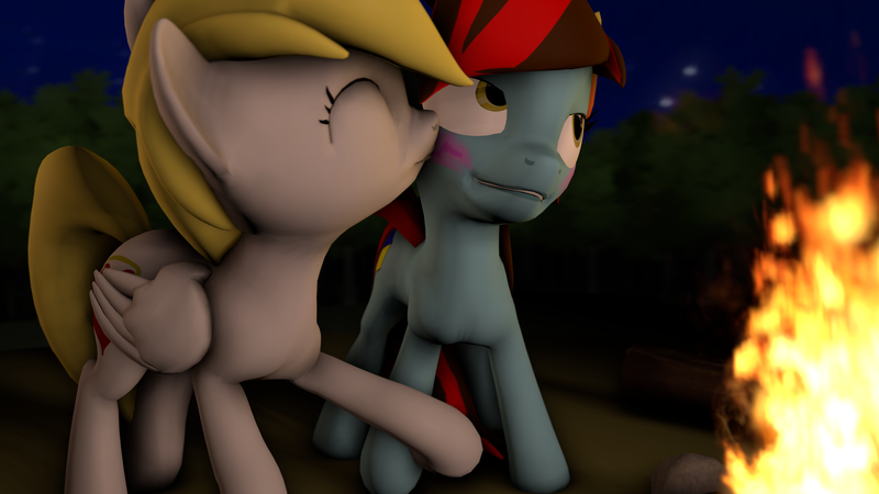 Size: 3840x2160 | Tagged: 3d, artist:fiopon, blushing, campfire, derpibooru import, fire, gay, holding hooves, kissing, kiss on the cheek, log, male, night, oc, oc:angel rose, oc:fiopon, outdoors, safe, source filmmaker, unofficial characters only