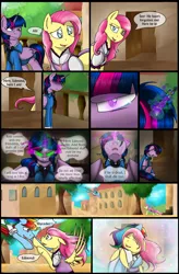 Size: 1280x1947 | Tagged: safe, artist:stuflox, derpibooru import, fluttershy, rainbow dash, twilight sparkle, twilight sparkle (alicorn), alicorn, pony, comic:the count of monte rainbow, the count of monte rainbow, clothes, comic, crying, dark magic, dress, hug, magic, mondego, monsparkle, rainbow dantes, shycedes, the count of monte cristo