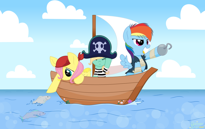 Size: 5816x3664 | Tagged: safe, artist:glitterstar2000, derpibooru import, fluttershy, rainbow dash, zephyr breeze, fish, absurd resolution, boat, clothes, colt, female, filly, filly fluttershy, filly rainbow dash, hat, hook, hook hoof, male, pirate, pirate dash, pirate fluttershy, pirate hat, sailing, story included, trio, water, younger