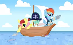 Size: 5816x3664 | Tagged: safe, artist:glitterstar2000, derpibooru import, fluttershy, rainbow dash, zephyr breeze, fish, absurd resolution, boat, clothes, colt, female, filly, filly fluttershy, filly rainbow dash, hat, hook, hook hoof, male, pirate, pirate dash, pirate fluttershy, pirate hat, sailing, story included, trio, water, younger