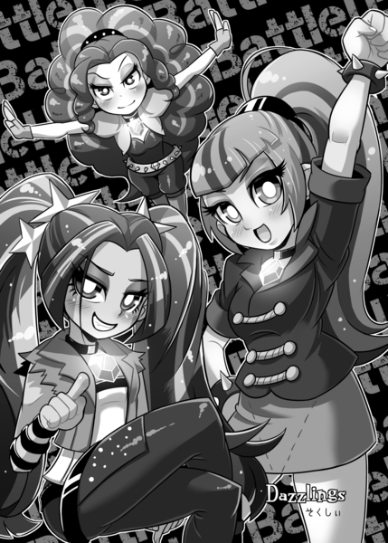 Size: 1296x1812 | Tagged: safe, artist:soxtin, derpibooru import, adagio dazzle, aria blaze, sonata dusk, equestria girls, rainbow rocks, adorabolical, adoragio, ariabetes, cute, evil grin, gem, grayscale, grin, looking at you, monochrome, siren gem, smiling, sonatabetes, the dazzlings