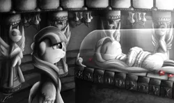 Size: 3655x2159 | Tagged: safe, artist:jamescorck, derpibooru import, fluttershy, twilight sparkle, twilight sparkle (alicorn), alicorn, pony, fanfic, fanfic:sanguine kindness, angel, chandelier, coffin, dead, fanfic art, flower, immortality blues, monochrome, neo noir, partial color, sad, tomb