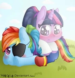 Size: 876x913 | Tagged: safe, artist:wolfoflife, derpibooru import, rainbow dash, twilight sparkle, alphys, alternate hairstyle, blushing, chibi, clothes, cloud, cosplay, costume, eyepatch, female, glasses, grass, lab coat, lesbian, rainbowdyne, shipping, sky, twialphys, twidash, undertale, undyne