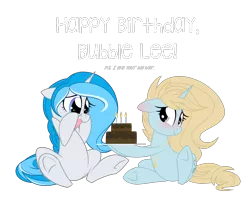 Size: 2400x1895 | Tagged: safe, artist:kellythedrawinguni, derpibooru import, oc, oc:bubble lee, unofficial characters only, pony, unicorn, cake, cute, duo, duo female, female, food, gift art, happy birthday, mare, ocbetes, simple background, sitting, smiling, transparent background