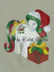 Size: 681x900 | Tagged: safe, artist:scoobylady, derpibooru import, merry treat, g1, bow, colored pencil drawing, hat, holly, pencil drawing, present, santa hat, solo, tail bow, traditional art, watermark