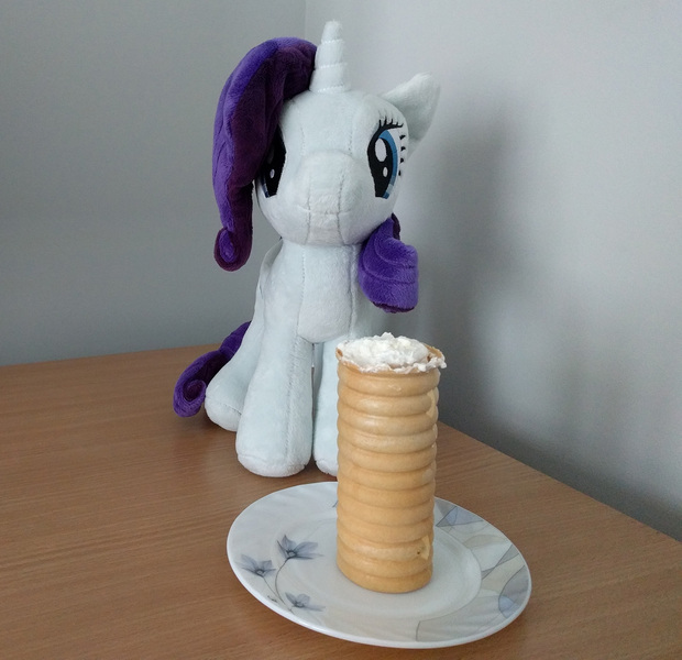 Size: 1652x1600 | Tagged: safe, derpibooru import, rarity, pony, unicorn, 4de, desk, female, food, irl, mare, photo, plate, plushie, rarity looking at food, roll, solo, waifu dinner