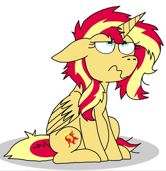 Size: 1024x1052 | Tagged: safe, artist:numbuh-27, derpibooru import, sunset shimmer, alicorn, pony, alicornified, grumpy, pregnant, race swap, shimmercorn, simple background, sitting, solo, white background