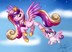 Size: 1820x1300 | Tagged: safe, artist:jack-pie, derpibooru import, princess cadance, princess flurry heart, alicorn, pony, baby, baby pony, blushing, cloud, cute, cutedance, duo, flurrybetes, flying, mother and daughter, open mouth, signature, sky, smiling, spread wings, stars
