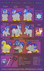 Size: 1024x1644 | Tagged: safe, artist:aleximusprime, derpibooru import, oc, oc:faithful bond, oc:honor bound, unofficial characters only, crystal pony, dog, pony, unicorn, anvil, armor, belly, bhm, big belly, blacksmith, broken horn, chubby, cute, cutie mark, fat, female, food, hammer, large butt, male, mare, reference sheet, rule 63, shield, smithing, stallion, sword, war hammer, weapon