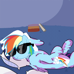 Size: 907x907 | Tagged: safe, alternate version, artist:tjpones, derpibooru import, rainbow dash, twilight sparkle, twilight sparkle (alicorn), alicorn, pegasus, pony, 1000 hours in ms paint, animated, book, ear twitch, eyes closed, floppy ears, gif, hoofy-kicks, leg twitch, lying, ms paint, on back, on the floor, pillow, seems legit, sleeping, smiling, solo, stylistic suck, sunglasses