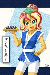 Size: 800x1200 | Tagged: safe, artist:uotapo, derpibooru import, sunset shimmer, puffer fish, eqg summertime shorts, equestria girls, alternate hairstyle, blushing, clothes, colored pupils, compression shorts, cute, female, food, hairpin, hand on hip, happi, japanese, obi, open mouth, seafood, shimmerbetes, shorts, smiling, solo, standing, sunset sushi, sushi, that was fast, toy interpretation, tray
