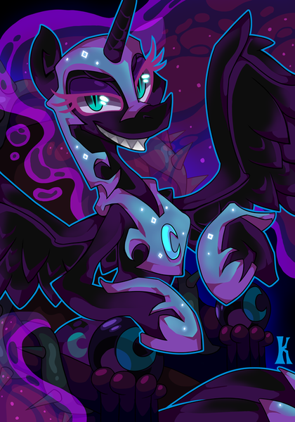 Size: 598x854 | Tagged: safe, artist:kaliptro, derpibooru import, nightmare moon, alicorn, pony, grin, smiling, smug, solo