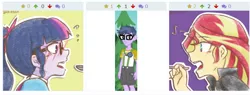 Size: 776x294 | Tagged: safe, derpibooru import, microchips, sci-twi, sunset shimmer, twilight sparkle, derpibooru, equestria girls, legend of everfree, clothes, exploitable meme, glasses, juxtaposition, juxtaposition fail, looking at each other, meme, meta, shorts, spoon