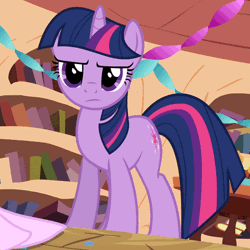 Size: 500x500 | Tagged: safe, derpibooru import, edit, edited screencap, screencap, twilight sparkle, pony, unicorn, secret of my excess, >:), animated, bronybait, caption, cropped, evil grin, female, gif, golden oaks library, happy, horses doing horse things, magic, mare, pawing the ground, raised hoof, smiling, solo, telekinesis, this will end in hugs, unicorn twilight