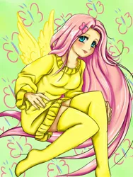 Size: 1050x1400 | Tagged: artist:kyotoxart, barrette, blue eyes, blushing, clothes, cutie mark hair accessory, cyan eyes, derpibooru import, female, fluttershy, hair accessory, human, human female, humanized, legs, light skin, pink hair, safe, sitting, socks, solo, stockings, sweater, sweater dress, sweatershy, thigh highs, winged humanization, wings, yellow socks, yellow stockings, yellow sweater