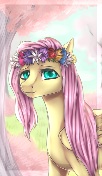 Size: 924x1600 | Tagged: safe, artist:lou1911, derpibooru import, fluttershy, pegasus, pony, bust, floral head wreath, flower, folded wings, looking at you, portrait, solo