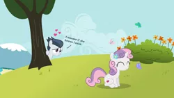 Size: 1276x722 | Tagged: safe, artist:lunaticdawn, derpibooru import, rumble, sweetie belle, pegasus, pony, unicorn, crush, female, flower, flower in hair, heart, male, rumbelle, shipping, straight