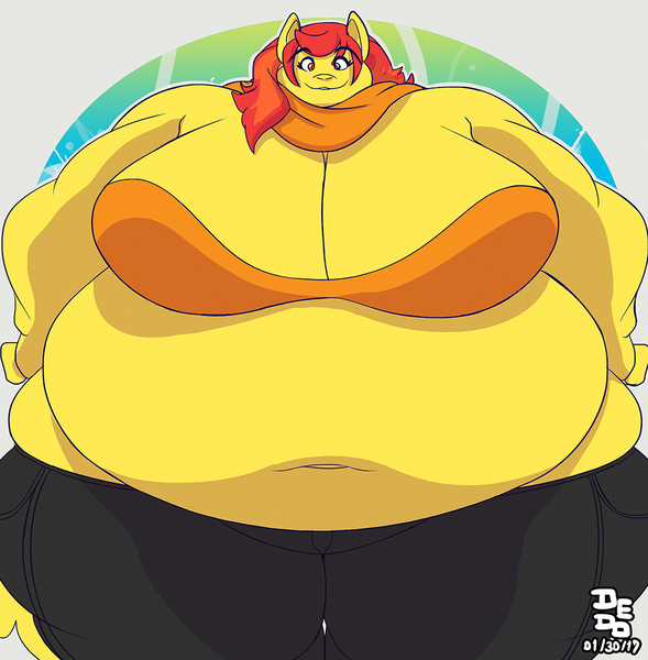 Size: 1000x1019 | Tagged: anthro, artist:lionalliance, bbw, belly, belly button, big belly, big breasts, breasts, chubby cheeks, cleavage, clothes, derpibooru import, fat, female, huge breasts, obese, oc, oc:flamespitter, questionable, scarf, solo, solo female, unofficial characters only, wide hips